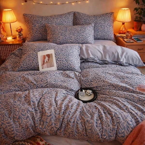 Lenjerie pat dublu, Finet, 6 piese, Gri, frunze [1]