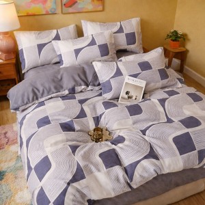 Lenjerie pat dublu, Finet, 6 piese, Gri-Albastru, forme geometrice