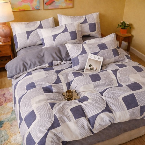 Lenjerie pat dublu, Finet, 6 piese, Gri-Albastru, forme geometrice [1]