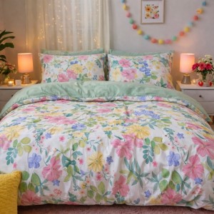 Lenjerie pat dublu, Finet, 6 piese, Verde, flori