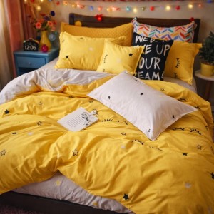Lenjerie pat dublu, Finet, 6 piese, Galben, gene, stelute