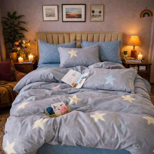 Lenjerie pat dublu, Finet, 6 piese, Gri, stelute [1]