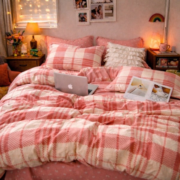 Lenjerie pat dublu, Finet, 6 piese, Roz, carouri [1]