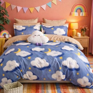 Lenjerie pat dublu, Finet, 6 piese, Albastru, stelute, norisori