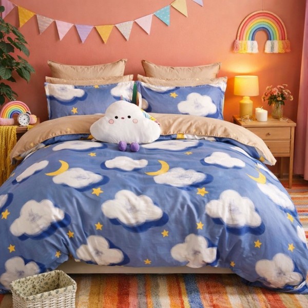 Lenjerie pat dublu, Finet, 6 piese, Albastru, stelute, norisori [1]