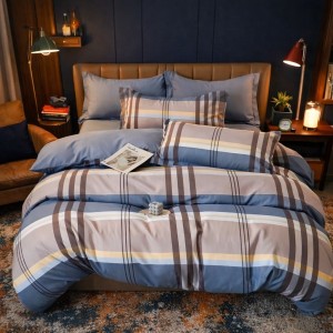 Lenjerie pat dublu, Finet, 6 piese, Gri-Bej, carouri