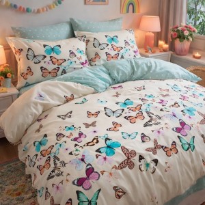 Lenjerie pat dublu, Finet, 6 piese, Bleu, fluturasi