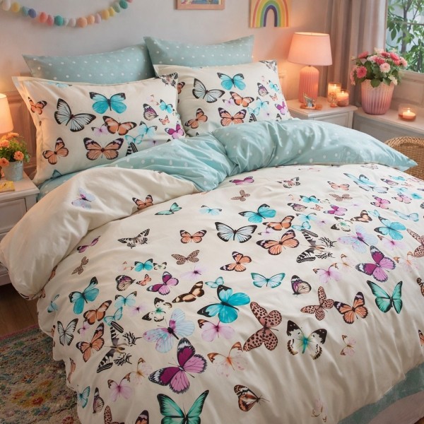 Lenjerie pat dublu, Finet, 6 piese, Bleu, fluturasi [1]