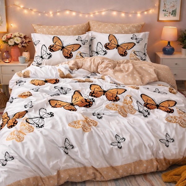 Lenjerie pat dublu, Finet, 6 piese, Bej, fluturi [1]