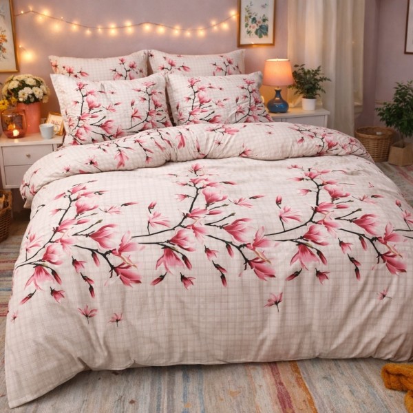 Lenjerie pat dublu, Finet, 6 piese, Bej-Roz, magnolii [1]