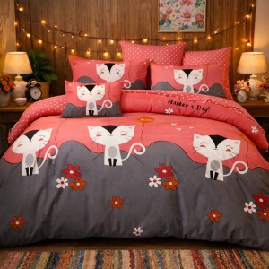 Lenjerie pat dublu, Finet, 6 piese, Gri-Roz, pisici, flori