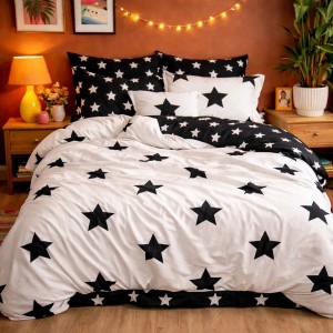 Lenjerie pat dublu, Finet, 6 piese, Alb-Negru, stelute