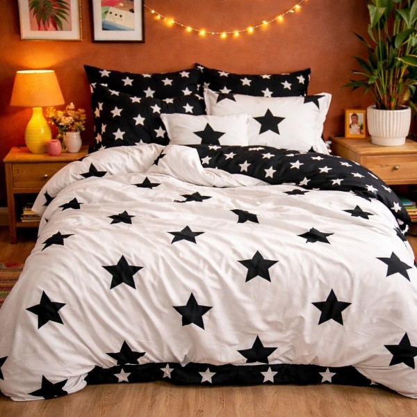 Lenjerie pat dublu, Finet, 6 piese, Alb-Negru, stelute [1]