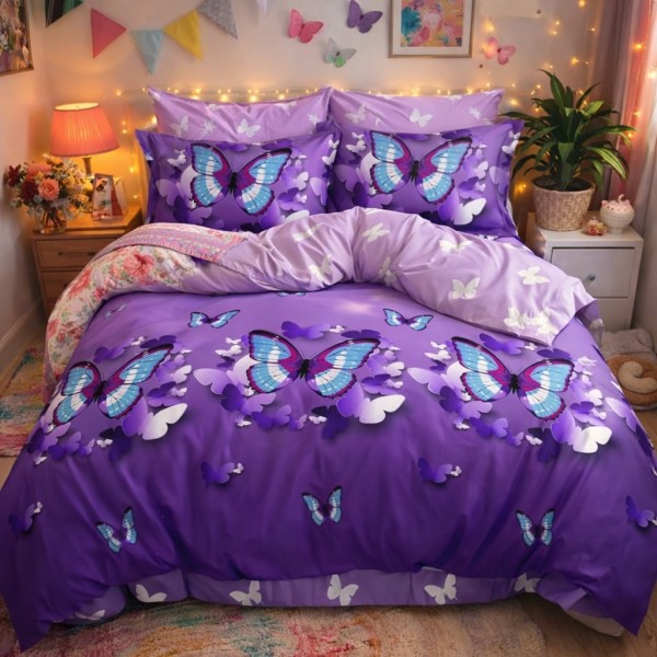 Lenjerie pat dublu, Finet, 6 piese, Mov, fluturi [1]