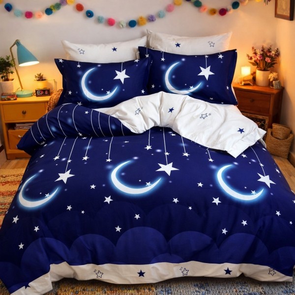 Lenjerie pat dublu, Finet, 6 piese, Bleumarin, stelute [1]