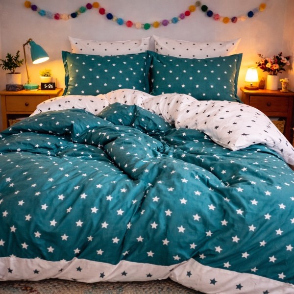 Lenjerie pat dublu, Finet, 6 piese, Turquoise, stelute [1]