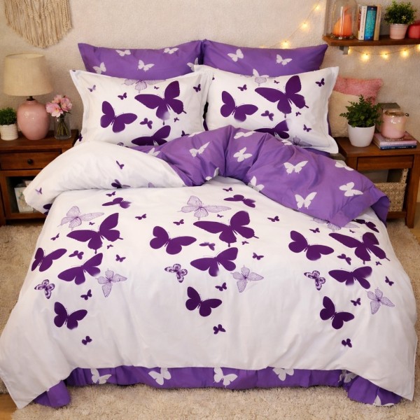 Lenjerie pat dublu, Finet, 6 piese, Mov, fluturi [1]