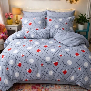 Lenjerie pat dublu, Finet, 6 piese, Gri, inimioare, buline