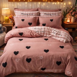 Lenjerie pat dublu, Finet, 6 piese, Maro, inimioare