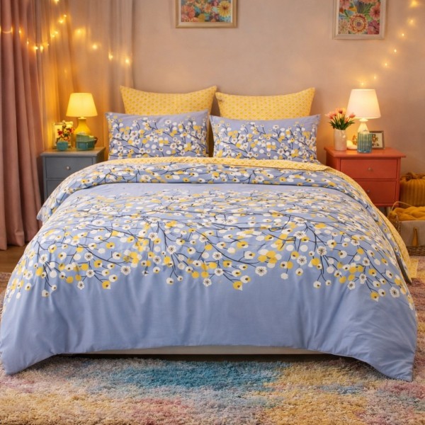 Lenjerie pat dublu, Finet, 6 piese, Bleu, flori [1]