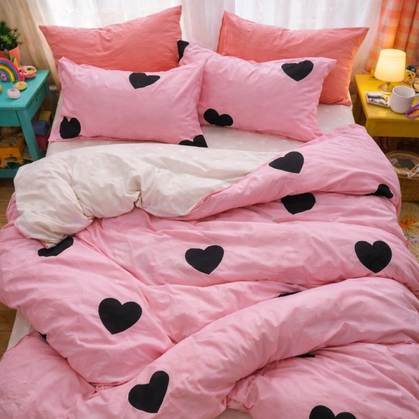 Lenjerie pat dublu, Finet, 6 piese, Roz, inimioare [1]