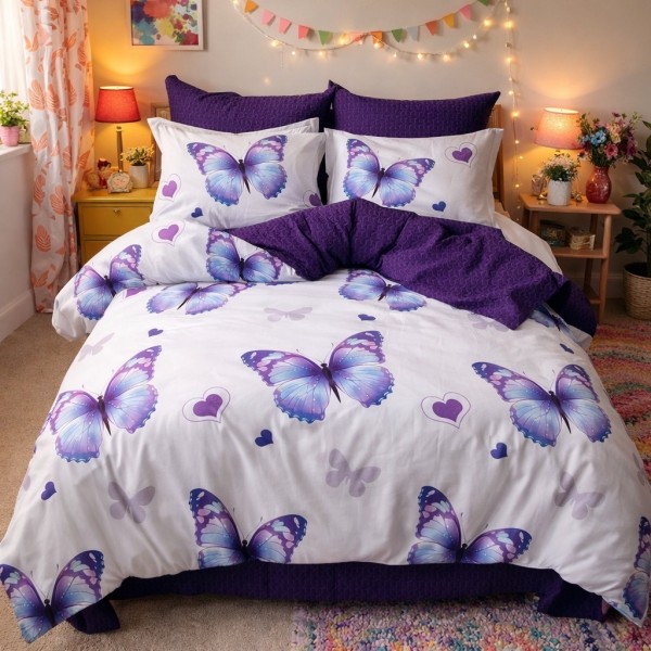 Lenjerie pat dublu, Finet, 6 piese, Mov, fluturi, inimioare [1]