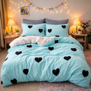 Lenjerie pat dublu, Finet, 6 piese, Bleu, inimioare