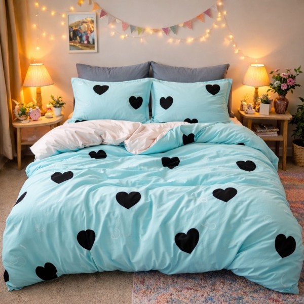 Lenjerie pat dublu, Finet, 6 piese, Bleu, inimioare [1]