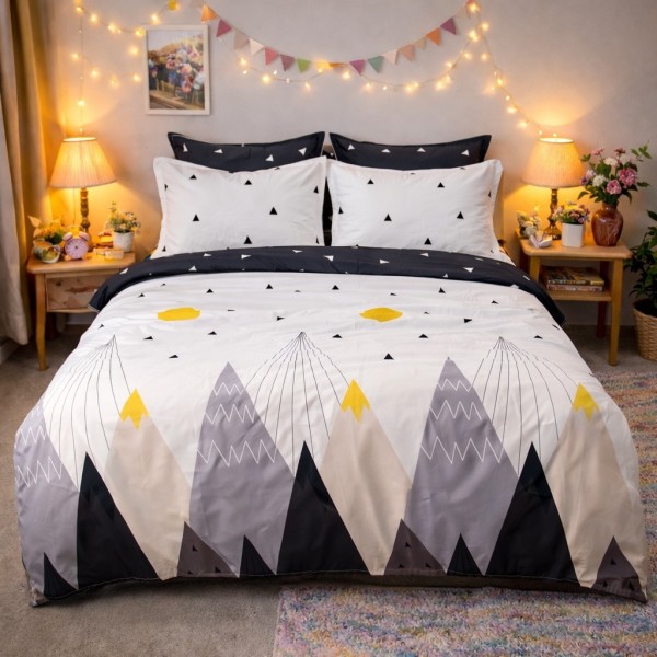 Lenjerie pat dublu, Finet, 6 piese, Alb-Gri, munti [1]