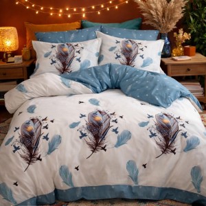 Lenjerie pat dublu, Finet, 6 piese, Albastru, pene