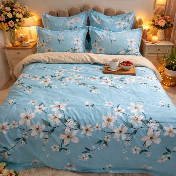 Lenjerie pat dublu, Finet, 6 piese, Bleu, flori [1]