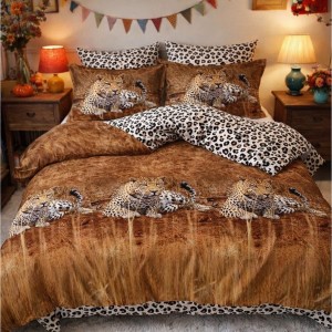 Lenjerie pat dublu, Finet, 6 piese, Maro, leoparzi