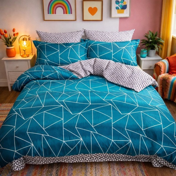 Lenjerie pat dublu, Finet, 6 piese, Turquoise, forme geometrice [1]