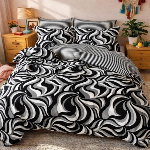 Lenjerie pat dublu, Finet, 6 piese, Negru, abstract