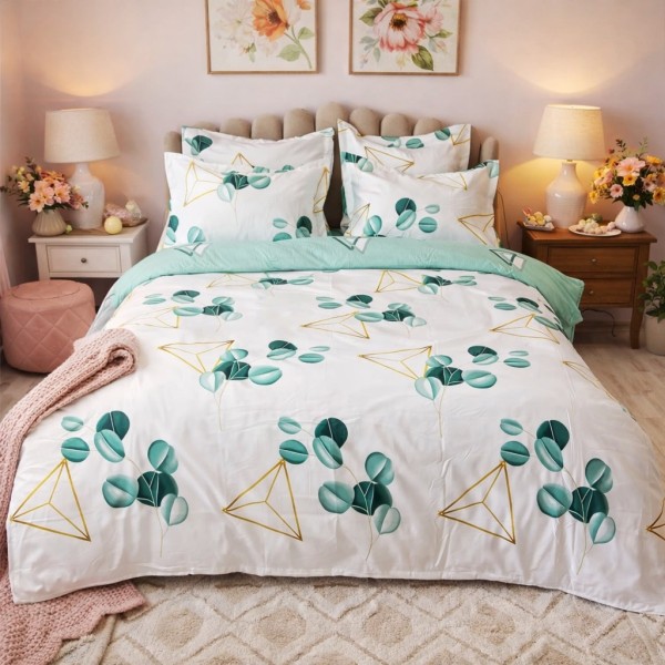 Lenjerie pat dublu, Finet, 6 piese, Alb-Verde, frunze [1]