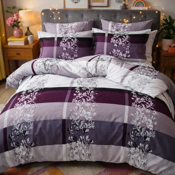 Lenjerie pat dublu, Finet, 6 piese, Mov, floral [1]