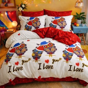 Lenjerie pat dublu, Finet, 6 piese, Alb-Rosu, bufnite