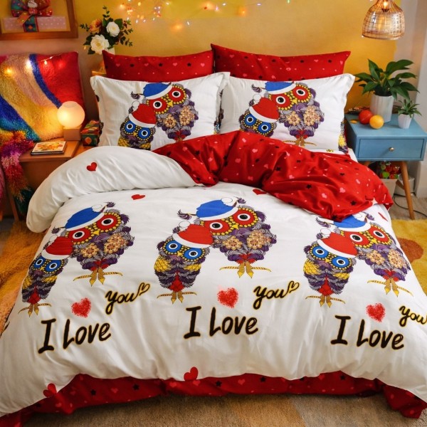 Lenjerie pat dublu, Finet, 6 piese, Alb-Rosu, bufnite [1]