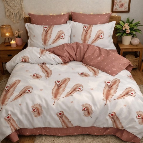 Lenjerie pat dublu, Finet, 6 piese, Maro, pene, inimioare [1]