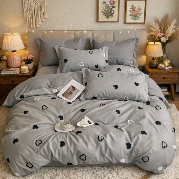 Lenjerie pat dublu, Finet, 6 piese, Gri, inimioare [1]