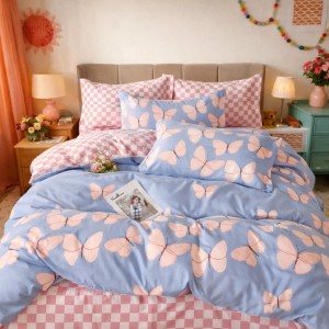 Lenjerie pat dublu, Finet, 6 piese, Roz, fluturi