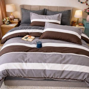 Lenjerie pat dublu, Finet, 6 piese, Gri, dungi