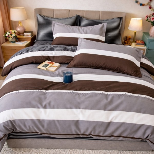 Lenjerie pat dublu, Finet, 6 piese, Gri, dungi [1]