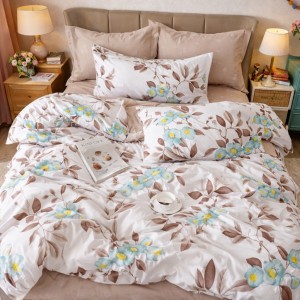 Lenjerie pat dublu, Finet, 6 piese, Bej inchis, flori