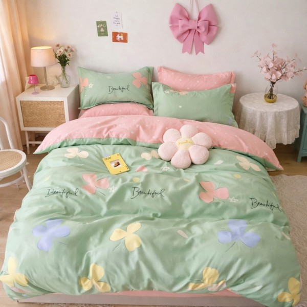 Lenjerie pat dublu, Finet, 6 piese, Verde, flori [1]