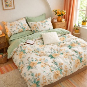 Lenjerie pat dublu, Finet, 6 piese, Verde, flori