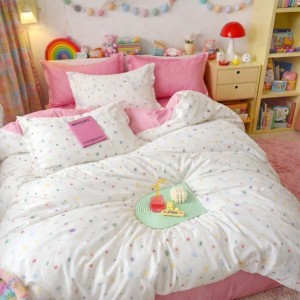 Lenjerie pat dublu, Finet, 6 piese, Roz, buline