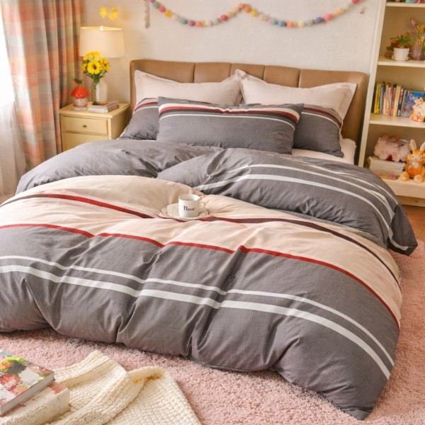 Lenjerie pat dublu, Finet, 6 piese, Gri, dungi [1]