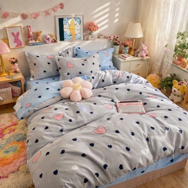 Lenjerie pat dublu, Finet, 6 piese, Gri, inimioare [1]