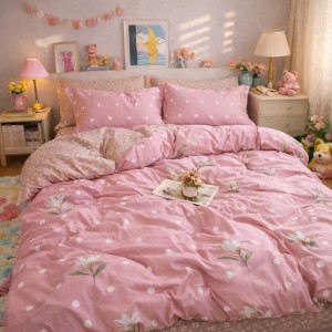 Lenjerie pat dublu, Finet, 6 piese, Roz, flori, buline